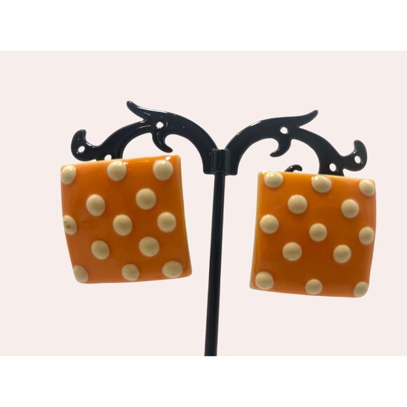 Orange Enameled Polk a Dot 1 1/8” x 1 1/8” Vintage Earrings - Picture 1 of 5